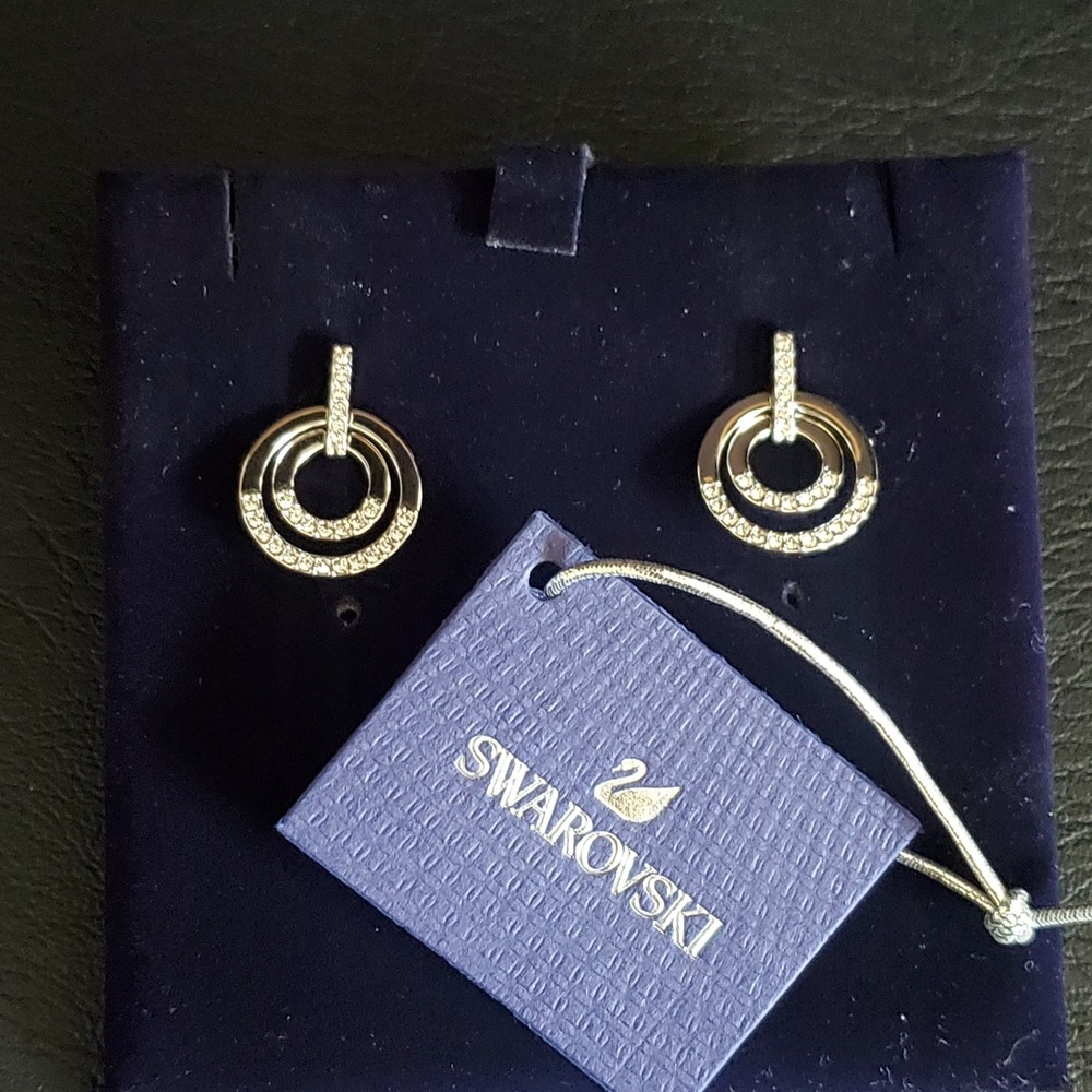 Swarovski Rhodium Plated Double Circle Pave Crystal Drop Earrings Rhodium Plated